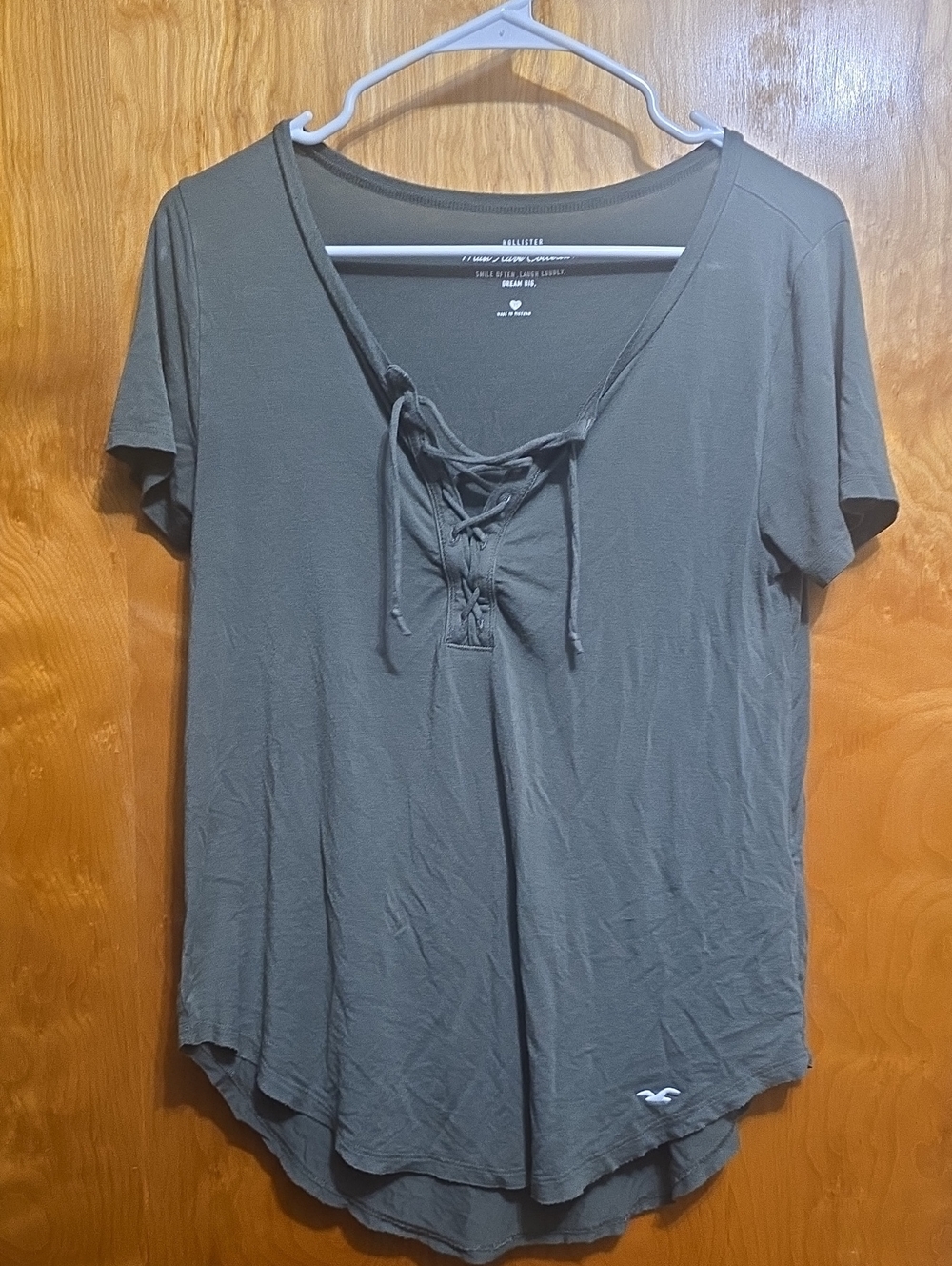 Hollister Olive Green Lace-Up V-Neck Short Sleeve Tee